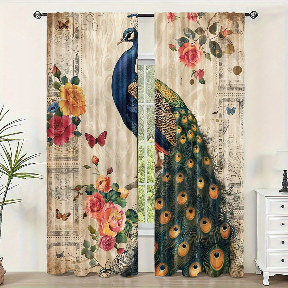 2-Piece Set Luxury Vibrant Blue Green Peacock Print Curtains Rod Pocket ...
