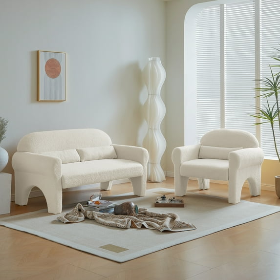 2 Piece Set Sofa Couch, Modern Lamb Fleece Fabric Loveseat and Single Sofa, Soft Teddy Finish with Lumbar Pillow for living room Apartment, Office, Living Room, Antique White