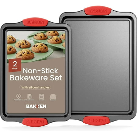 2 Piece Set Nonstick Carbon Steel Oven Bakeware -Professional Quality Kitchen Cooking Baking Trays Medium & Large Baking Sheet Pans with Red Silicone Handles