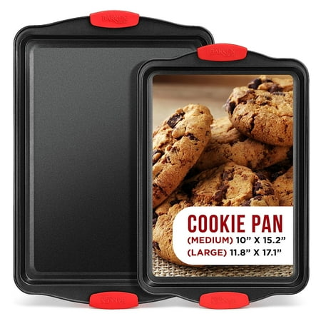 2 Piece Set Nonstick Carbon Steel Oven Bakeware -Professional Quality Kitchen Cooking Baking Trays Small & Medium Baking Sheet Pans with Red Silicone Handles