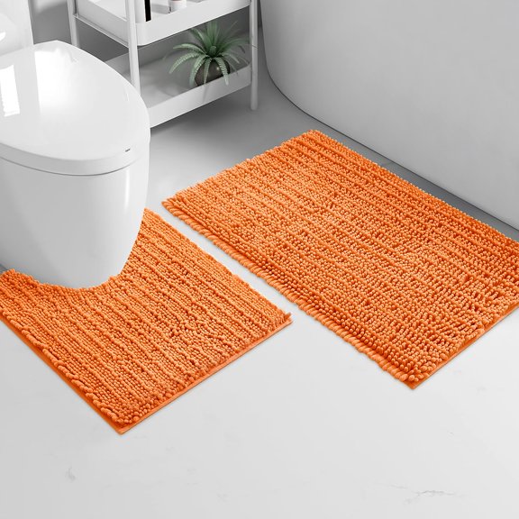 2 Piece Set Orange Soft Cozy Plush Chenille Bath Mat Bathroom Rug