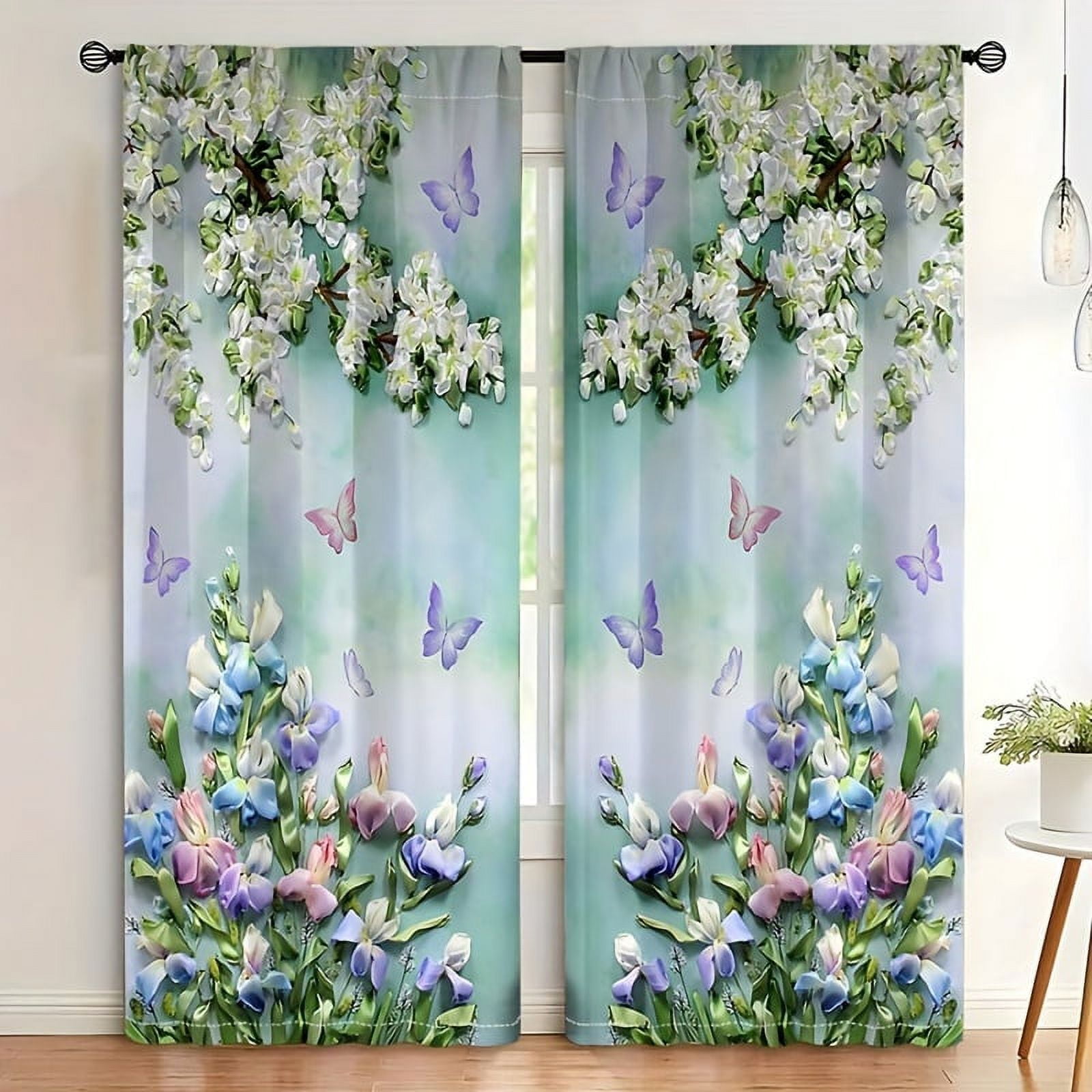 2Piece Set Purple Floral Print Sheer Curtains Rod Pocket Design For Easy Hanging Drapes For