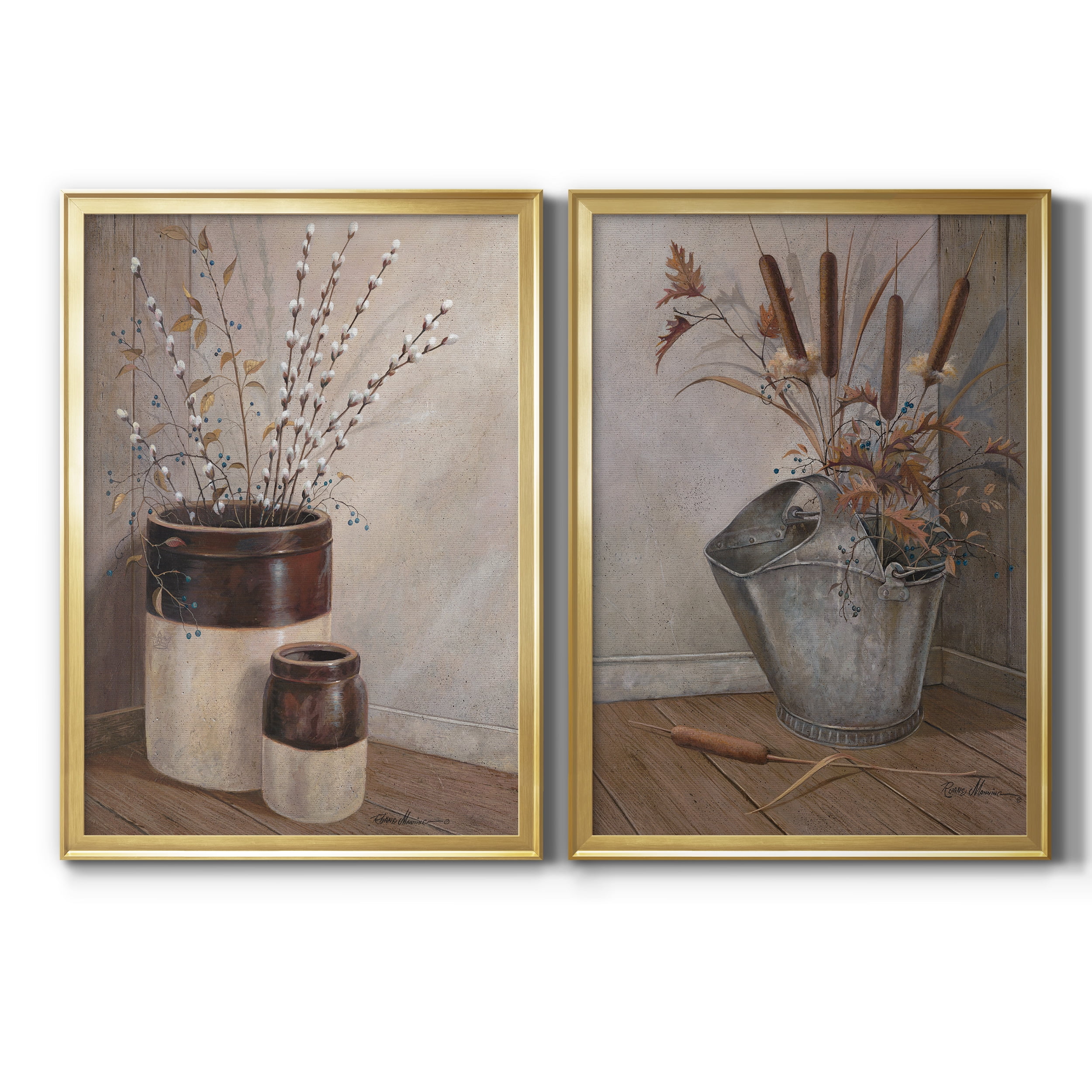 2 Piece Set Pussywillows & Spring Premium Framed Canvas - Ready to Hang - 18.5 x 24.5 Each - Gold Frame