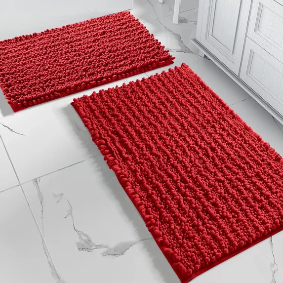 2 Piece Set Red Soft Cozy Plush Chenille Bath Mat Bathroom Rug
