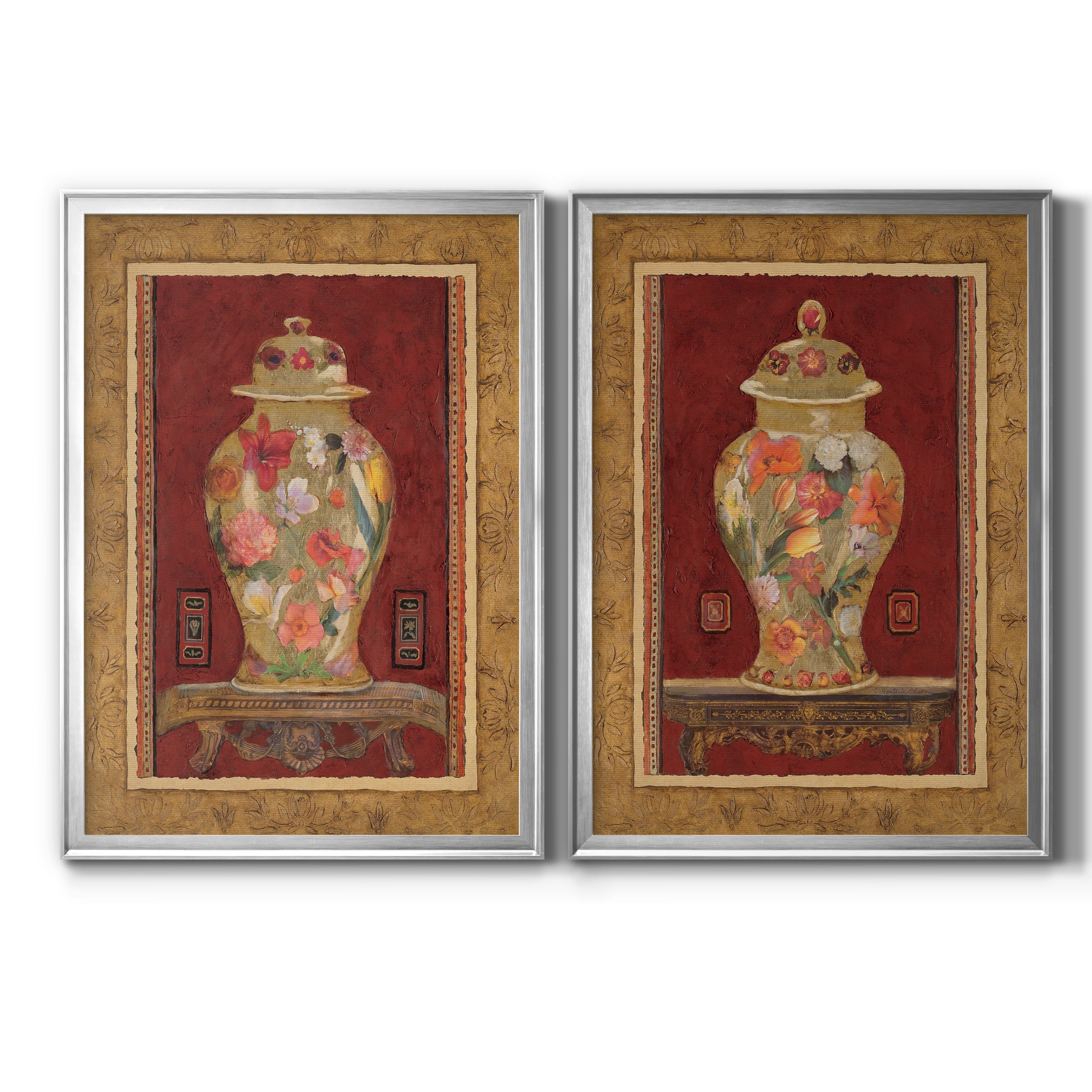 2 Piece Set Romantic Urn I Premium Framed Canvas - Ready to Hang - 26.5 x 36.5 Each - Silver Frame