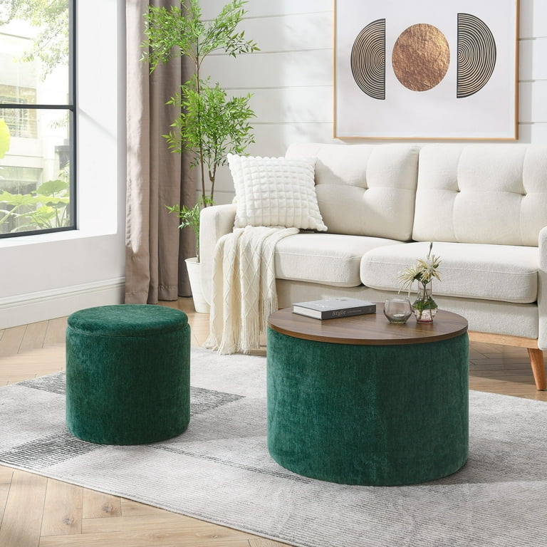 2 Piece Set Storage Ottoman Round Chenille Makeup Vanity Stool Chair with Storage Space for Serving as a Living Room Footstool Coffee Table and Additional Seats Dark Green Walmart
