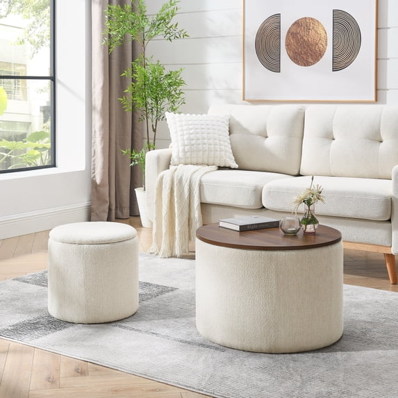2-Piece Set Round Chenille Storage Ottoman, Equipped with a Drum Shaped Small Stool, Storage Space, and MDF Made Desktop Panel ( 23.62"x23.62"x16.53")