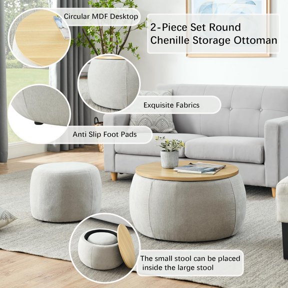 2-Piece Set Round Chenille Storage Ottoman, Equipped with a Drum Shaped Small Stool, Storage Space, and MDF Made Desktop Panel (Light Grey, 25"x25"x14.7")$$Home Decor, Kitchen, & Other