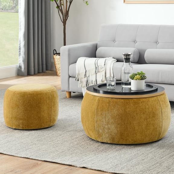 2-Piece Set Round Chenille Storage Ottoman, Equipped with a Drum Shaped Small Stool, Storage Space, and MDF Made Desktop Panel (Beige)