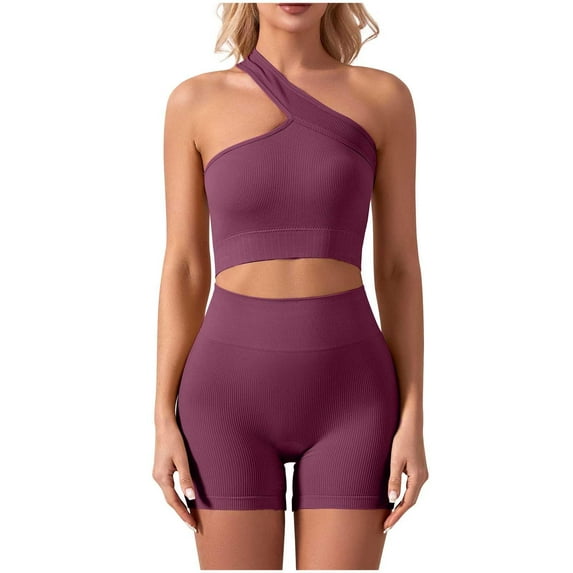2 Piece Set Seamless for Women One Shoulder Sports Bra Ribbed Asymmetrical Non Padded Yoga Crop Shorts