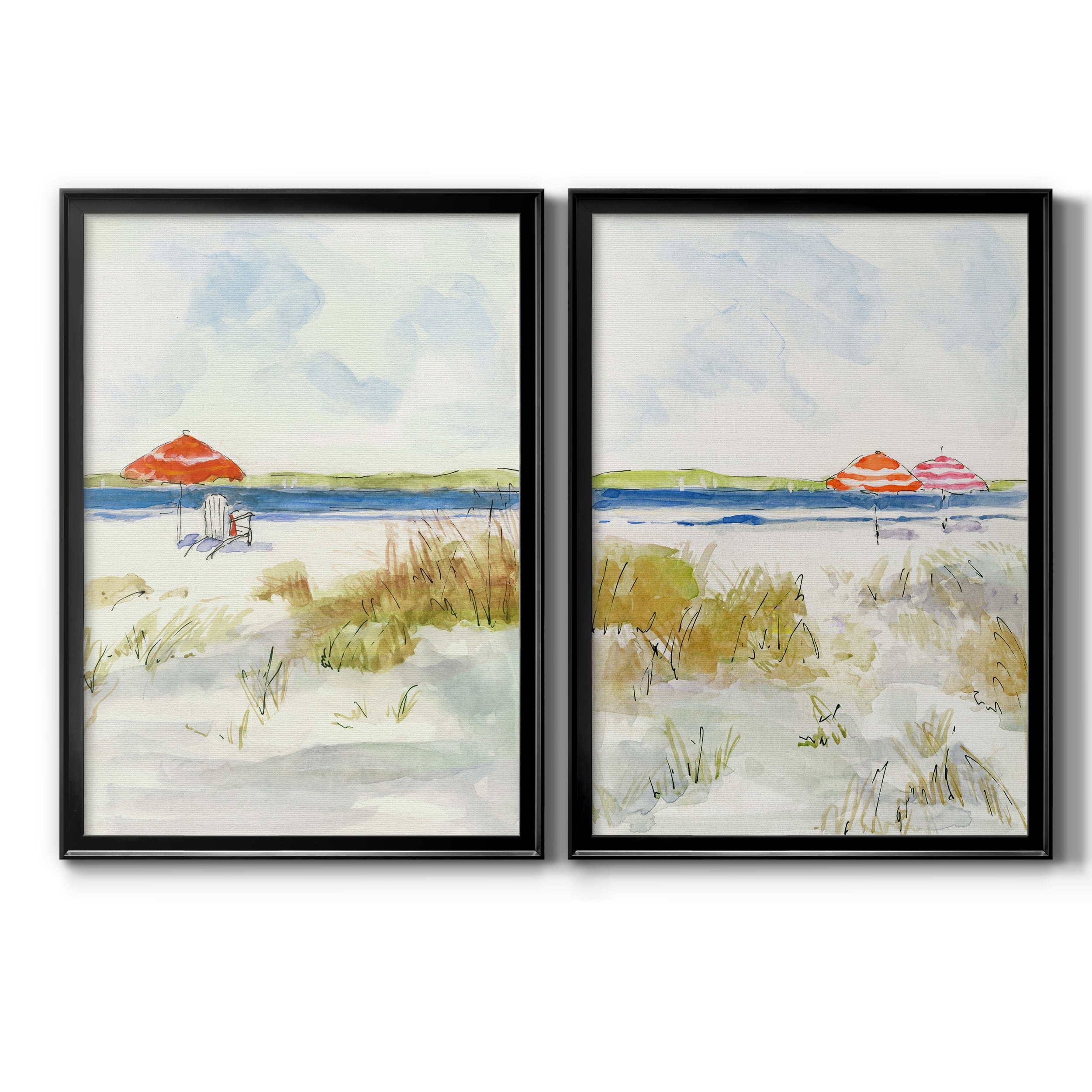 2 Piece Set Sketchy Beach I Premium Framed Canvas - Ready to Hang - 18.5 x 24.5 Each - Gold Frame