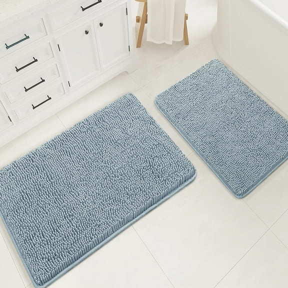 2 Piece Set Sky Blue Soft Cozy Plush Chenille Bath Mat Bathroom Rug