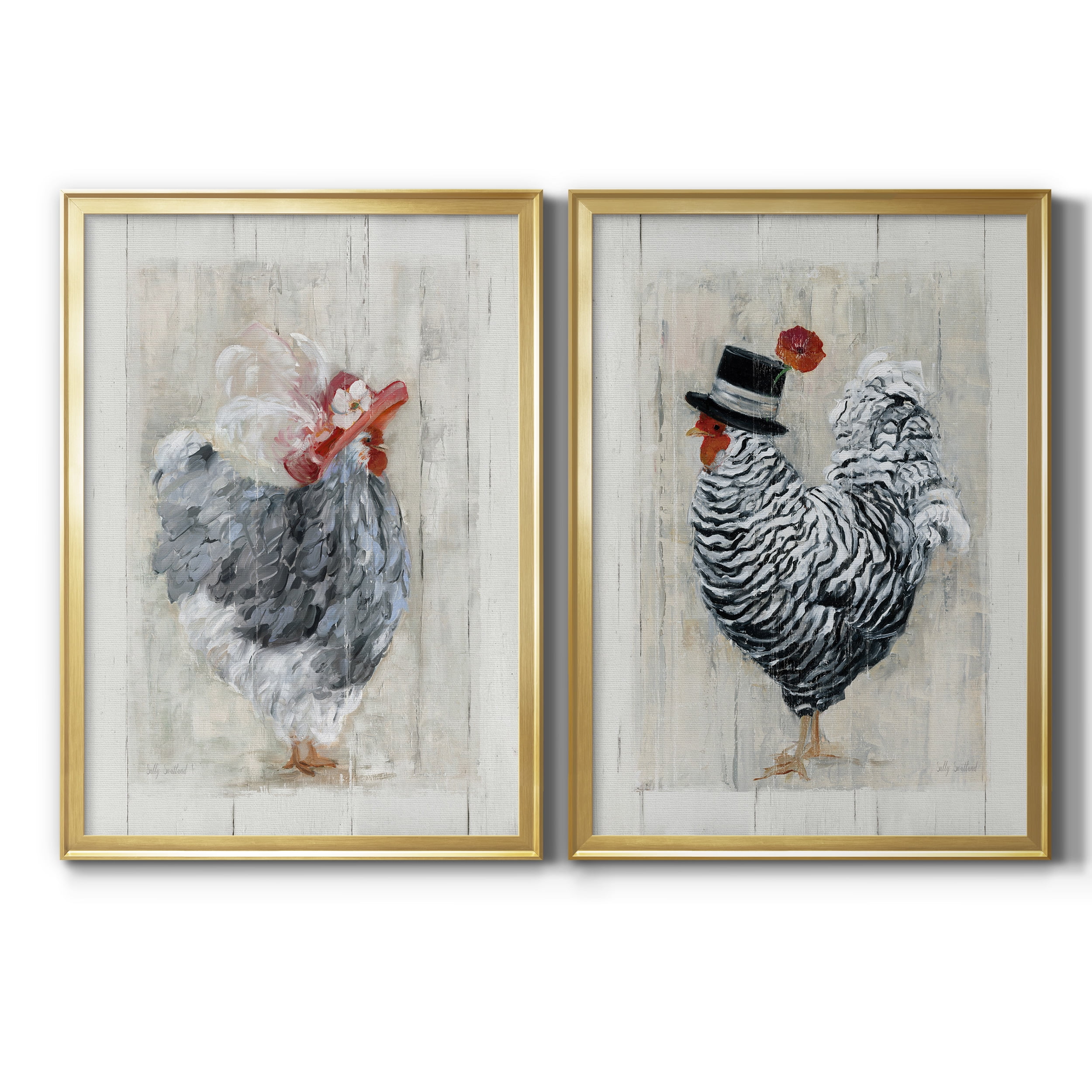 2 Piece Set Sunday Best Hen Premium Framed Canvas - Ready to Hang - 26.5 x 36.5 Each - Gold Frame