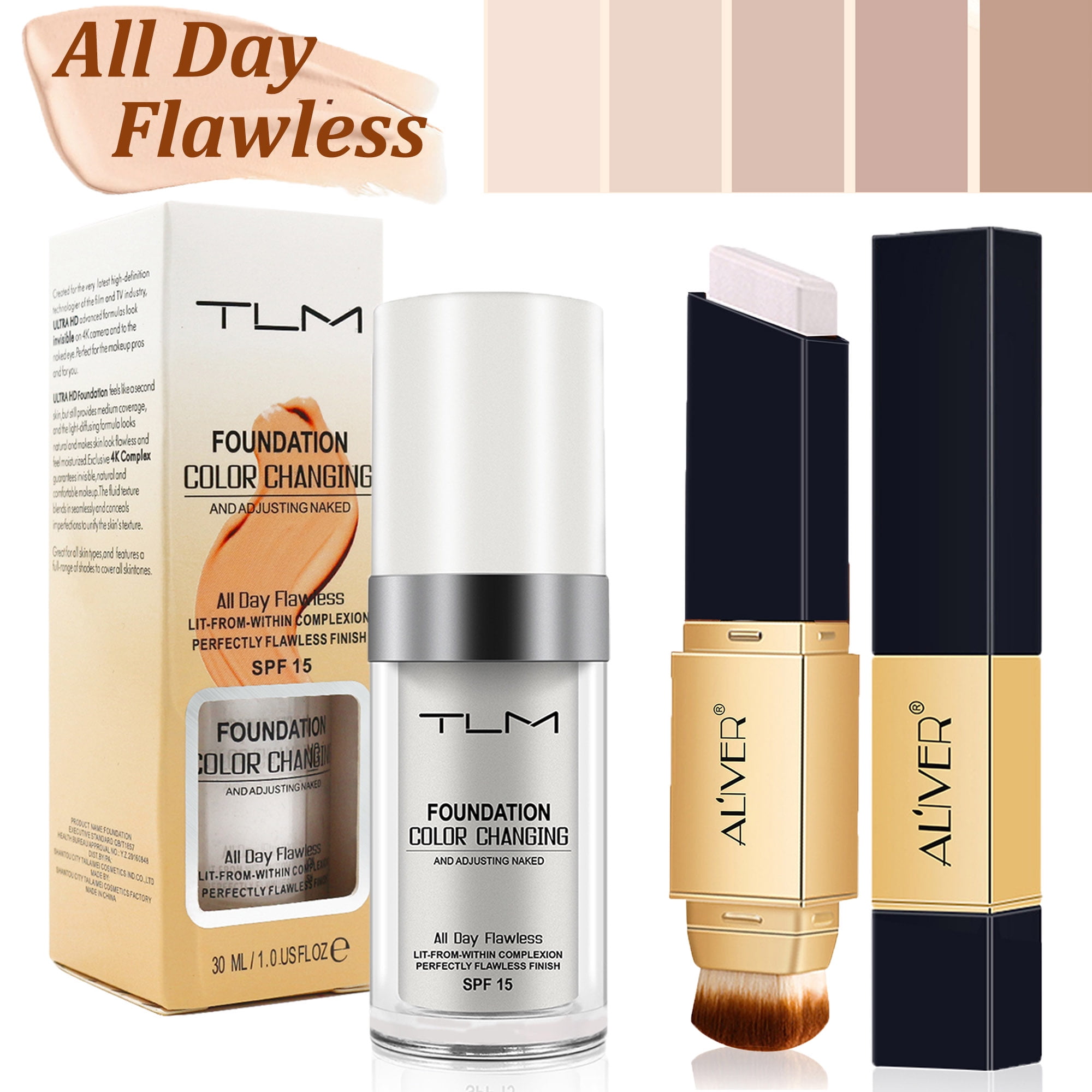 (2-Piece Set) TLM Color Changing Liquid Foundation + Aliver Concealer Stick,Flawless Makeup Base Concealer Cover SPF15