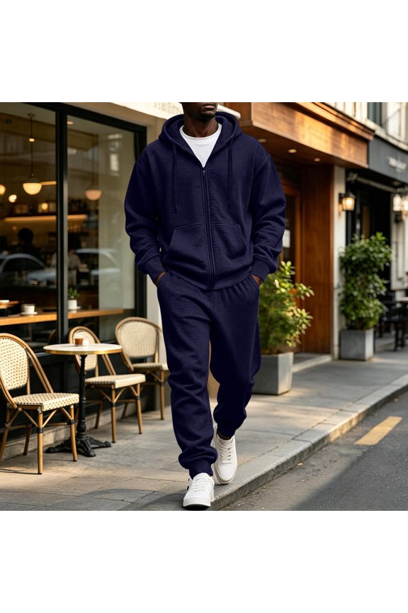 2 Piece Set Track Suits Mens Fleece Lined Hoodie Tracksuit Solid Color Long Sleeve Zipper Sweatshirt Drawstring Joggers Sweatpants For Fall Winter Wear Blue M