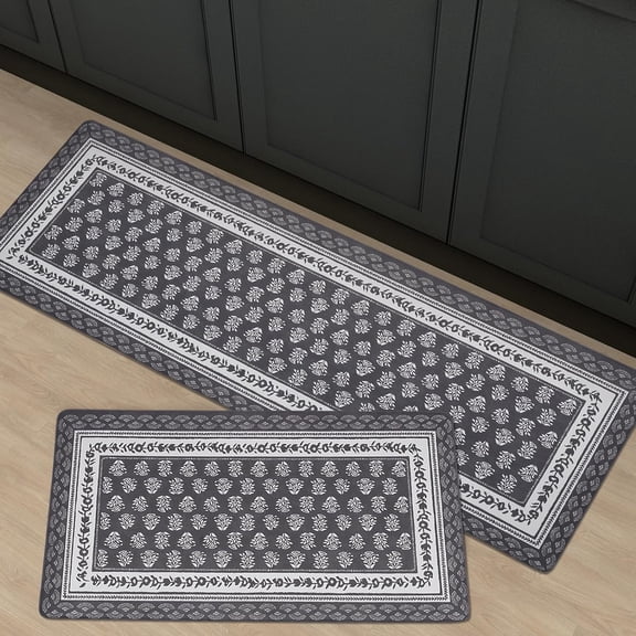 2 Piece Set Vintage Kitchen Mats for Floor Floral Block Anti Fatigue Kitchen Rugs Heritage Farmhouse Cushioned Kitchen Runners for Standing Waterproof & Non-Skid Comfort, Terracotta