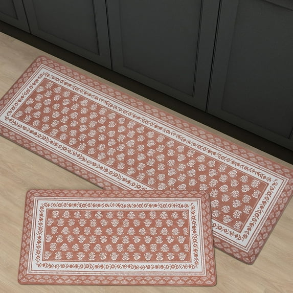 2 Piece Set Vintage Kitchen Mats for Floor Floral Block Anti Fatigue Kitchen Rugs Heritage Farmhouse Cushioned Kitchen Runners for Standing Waterproof & Non-Skid Comfort, Terracotta