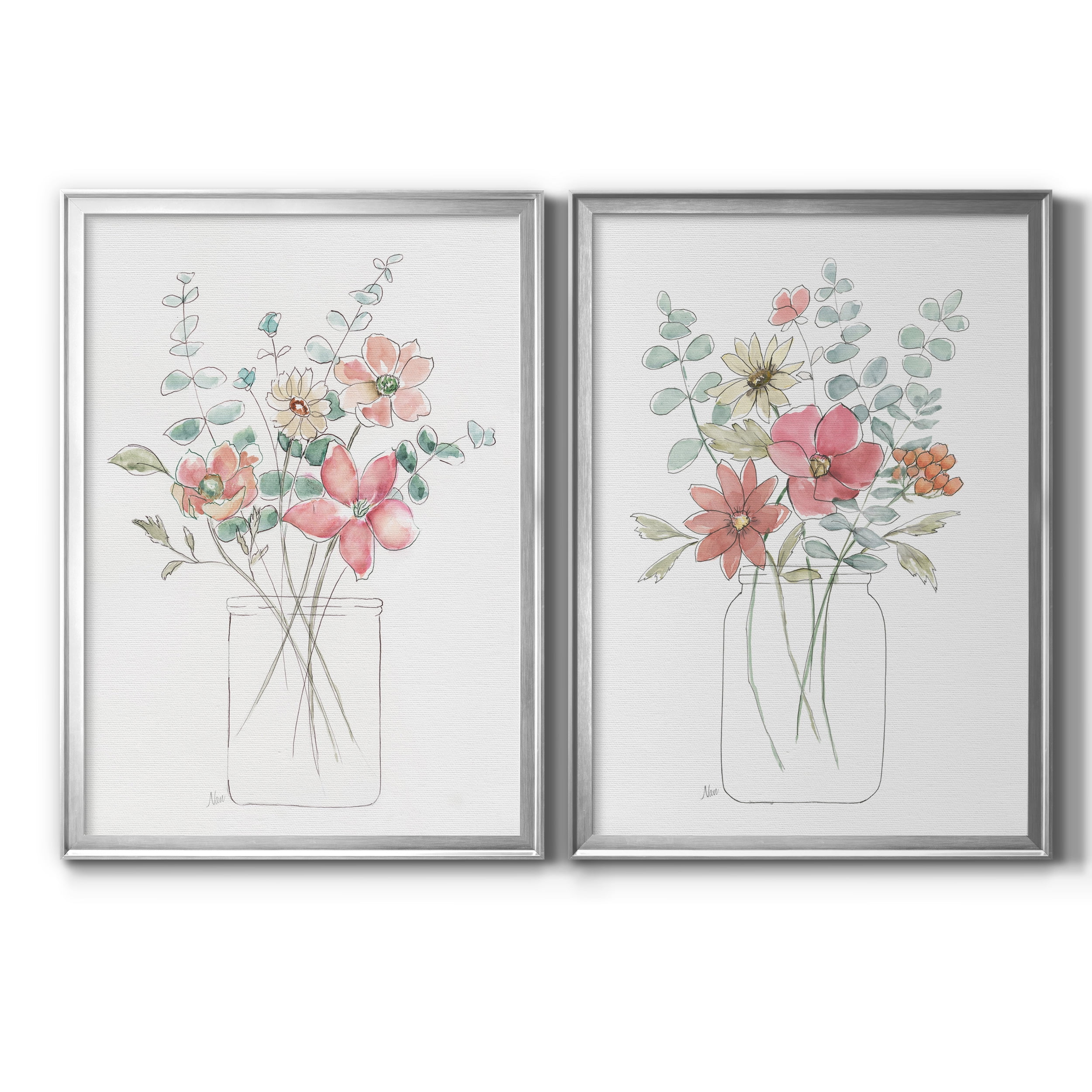 2 Piece Set Whimsical Wildflowers I Premium Framed Canvas - Ready to Hang - 26.5 x 36.5 Each - Silver Frame