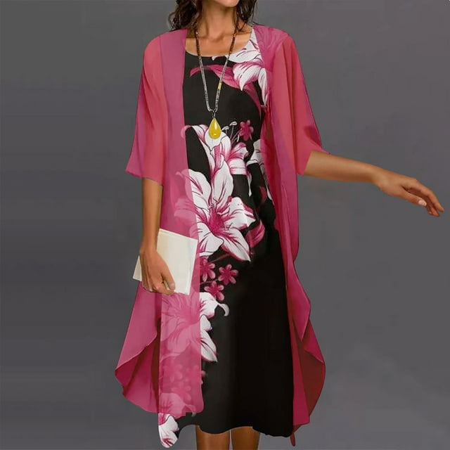 2 Piece Set Women 3/4 Sleeve Floral Flowy Midi Dresses with Jacket ...