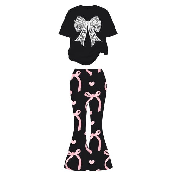 2 Piece Set for Girls Valentines Heart Print Bow Detail Short Sleeve Top and Wide Leg Pants Cute Outfit for Kids
