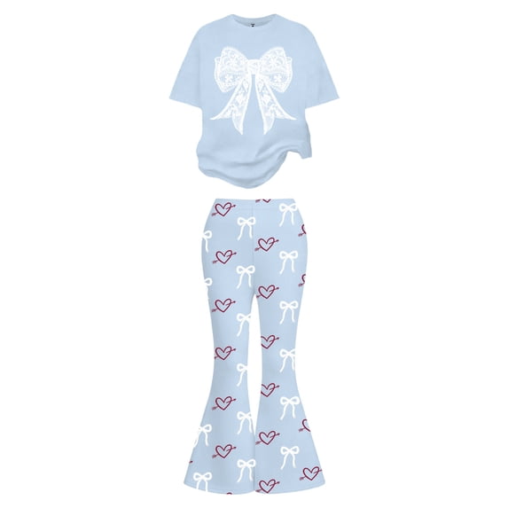 2 Piece Set for Girls Valentines Heart Print Bow Detail Short Sleeve Top and Wide Leg Pants Cute Outfit for Kids