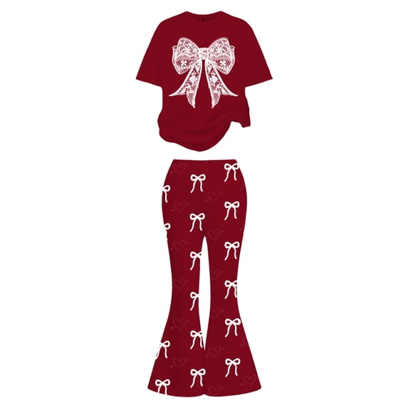 2 Piece Set for Girls Valentines Heart Print Bow Detail Short Sleeve Top and Wide Leg Pants Cute Outfit for Kids