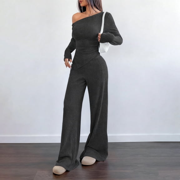2 Piece Set for Women Dressy Casual Long Sleeve One Shoulder Asymmetrical Hem Tops Wide Leg Pants Spring Summer Outfits 2026
