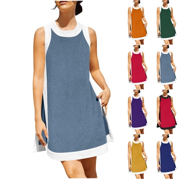 2 Piece Set for Women Summer Casual Sleeveless Colorblock Slit Tank Mini Dress with Shorts Beach Vacation Outfits (XL, Gray)