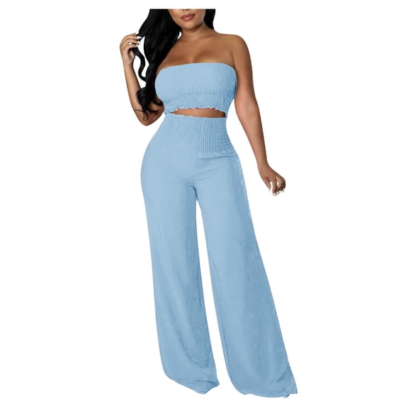 2 Piece Set for Women Wide Leg Pant with Sleeveless Strapless Tube Top Summer Casual 2PCS Outfits