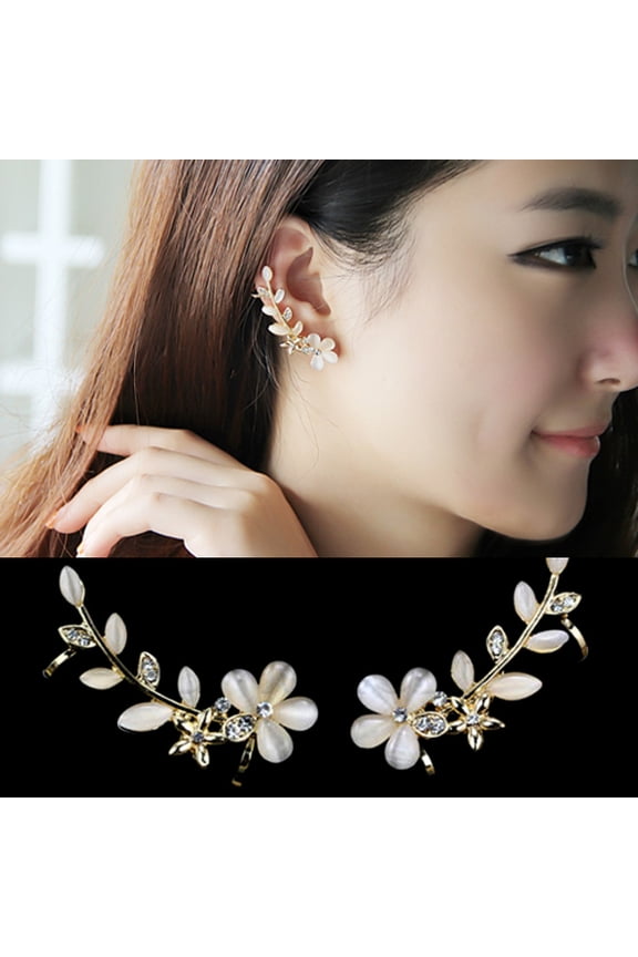 2-Piece Set of Women's Crystal Rhinestone Flower Cuff Ear Bone Clips - Non-Piercing Earrings