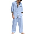 thumbnail image 1 of 2 Piece Sets For Men Lapel Button Down Long Sleeve Shirts Drawstring Pants Casual Loose Linen Set With Pockets (3XL, Light Blue), 1 of 8