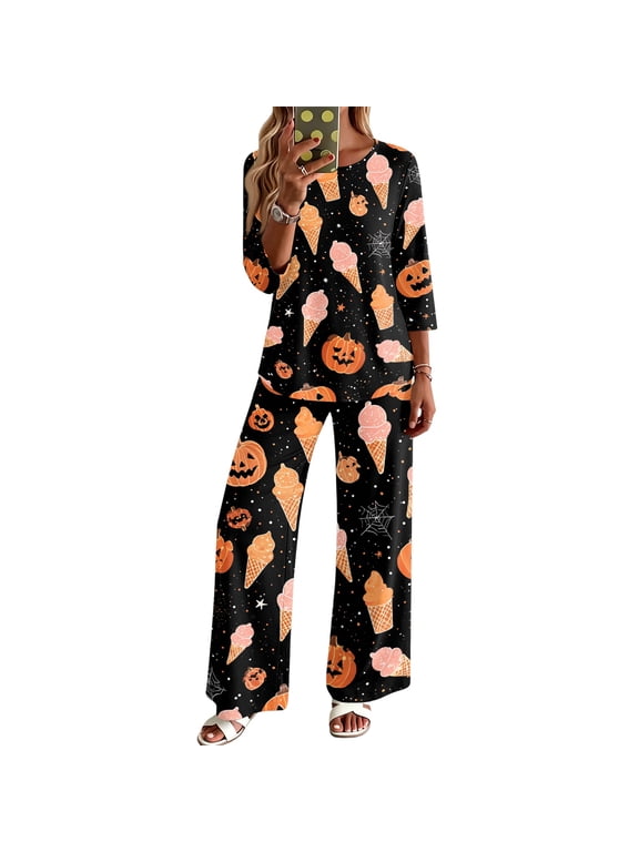 2 Piece Sets For Women 3/4 Sleeve Halloween Fashion Clothing & Wide Leg Pants Womens Halloween Print Casual Fall Airport Travel Outfits