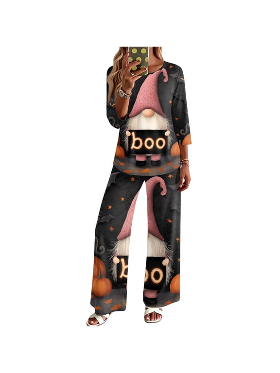 2 Piece Sets For Women 3/4 Sleeve Halloween Fashion Clothing & Wide Leg Pants Womens Halloween Print Casual Fall Airport Travel Outfits