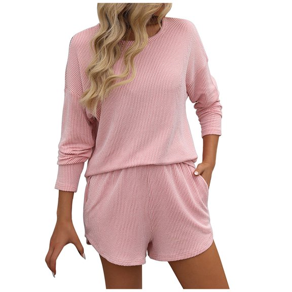 2 Piece Sets For Women Comfy Crewneck Long Sleeve Pullover Tops And Shorts Fashion Casual Loose Louge Sets With Pockets