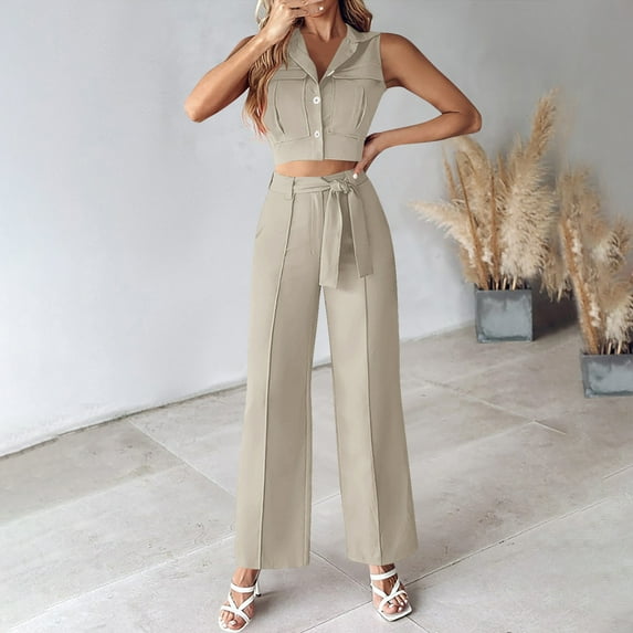 2 Piece Sets For Women Dressy Fashion V-Neck Waistcoat Pants Wide-Leg Pants Solid Color Casual Khaki—Lapel Vacation Outfits S-2XL