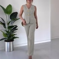 thumbnail image 1 of 2 Piece Sets For Women Dressy Fashion V-neck Sleeveless High Waisted Solid Color Wide Leg Pants Vacation Outfits — Gray∣L, 1 of 7