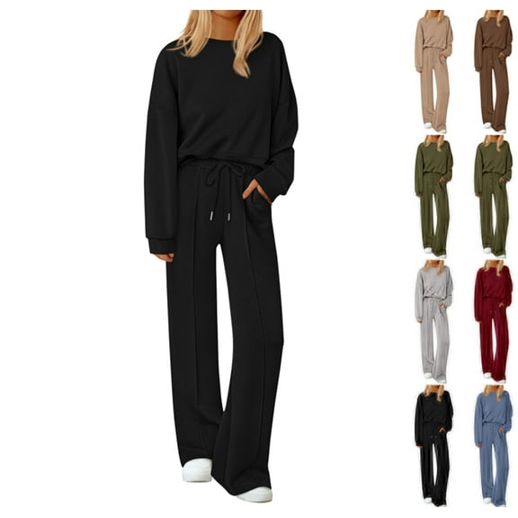 2 Piece Sets For Women Fall Trendy Long Sleeve Sweatshirt Wide Leg Pants Loungewear Set Matching Sweatsuit Black L