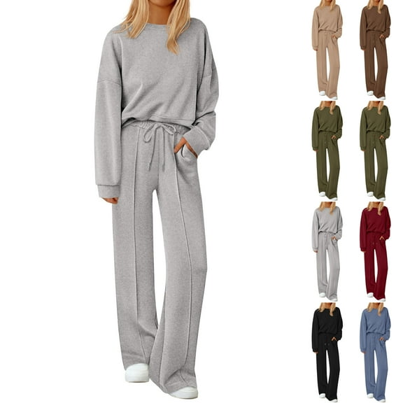 2 Piece Sets For Women Fall Trendy Long Sleeve Sweatshirt Wide Leg Pants Loungewear Set Matching Sweatsuit Brown 2XL