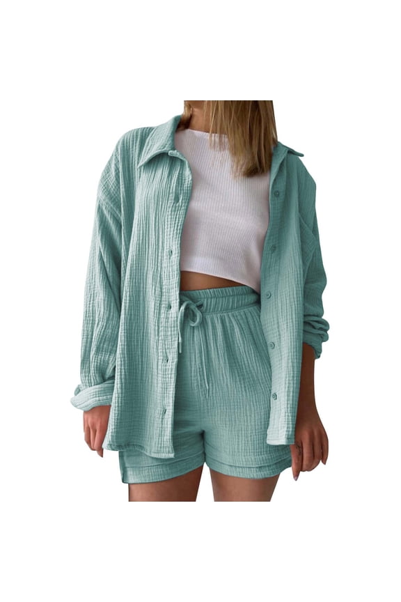 2 Piece Sets For Women Going Out Women's Casual Two Piece Set Long Sleeve Button Down Shirt and High Waist Drawstring Shorts Outfit