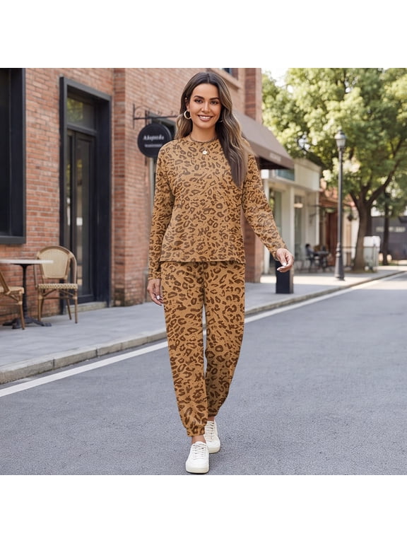 2 Piece Sets For Women Leopard Print Crew Neck Long Sleeve Top & Jogger Pants Casual Cozy Trendy Outfits Set