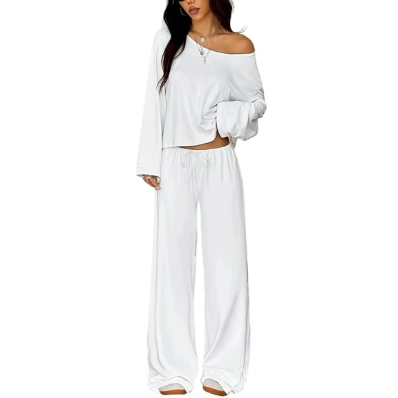 2 Piece Sets For Women Off Shoulder Long Sleeve Top And Elastic Waist Drawstring Wide Leg Pants Matching Lounge Set For Home Daily Wear M White