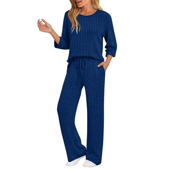 Xdegoge 2 Piece Sets For Women Ribbed Knit Crewneck 3/4 Sleeve Tops Trendy Outfits Lounge Wide Legs Sweatpants With Pockets Fashion Soft Matching Clothes