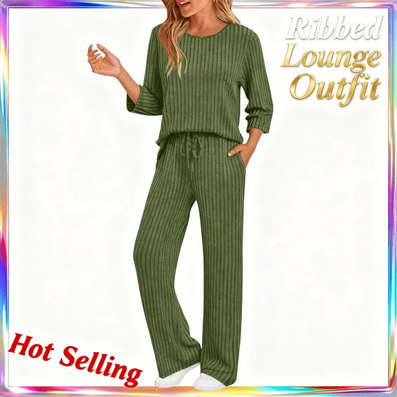 Casual 2 Piece Sets for Women Lounge Outfits Ribbed 3/4 Sleeve Crewneck Solid Color Tops Drawstring Elastic Waist Long Pants Fall Winter Trendy Clothes