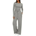 thumbnail image 1 of 2 Piece Sets For Women Solid V Neck Long Sleeve Matching Outfits Trendy Slim Fit Top Wide Leg Pants Loungewear Set, 1 of 9