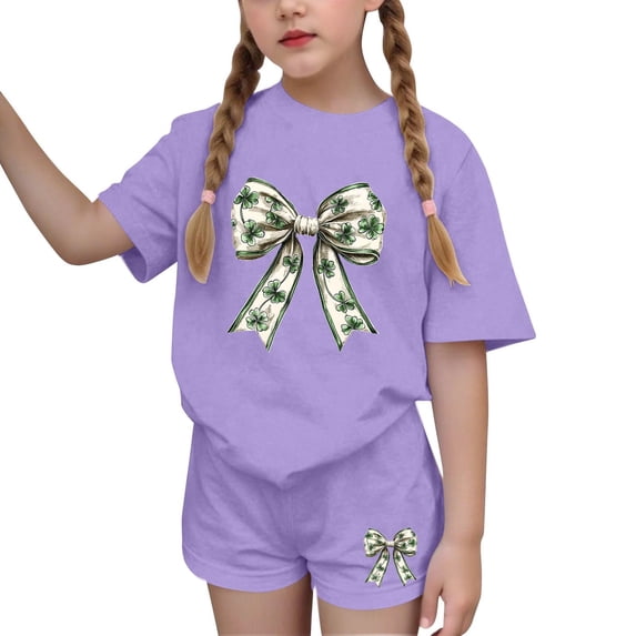 2 Piece Sets for Girls 10/12 Girls Summer Sets Girls Outfit Sets Children's St. Patrick's Day Printed Short Sleeve Round-Neck Blouses Two-Piece Set for Kids(4-16 Years)