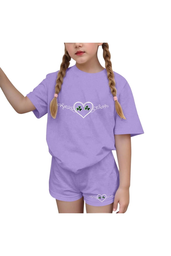 2 Piece Sets for Girls Size 6 Girls Summer Outfit Sets Children's St. Patrick's Day Printed Short Sleeve Round-Neck Tops Two-Piece Set for Kids（4-16 Years）