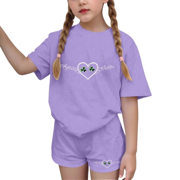 2 Piece Sets for Girls Size 6 Girls Summer Outfit Sets Children's St. Patrick's Day Printed Short Sleeve Round-Neck Tops Two-Piece Set for Kids(4-16 Years)