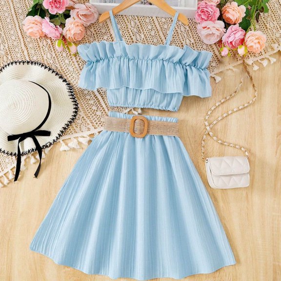 2 Piece Sets Kids Girls'Chiffon Dress Summer One Shoulder Camisole Half Skirt Two-piece Set Baby Girl Clothes 9-12 Months