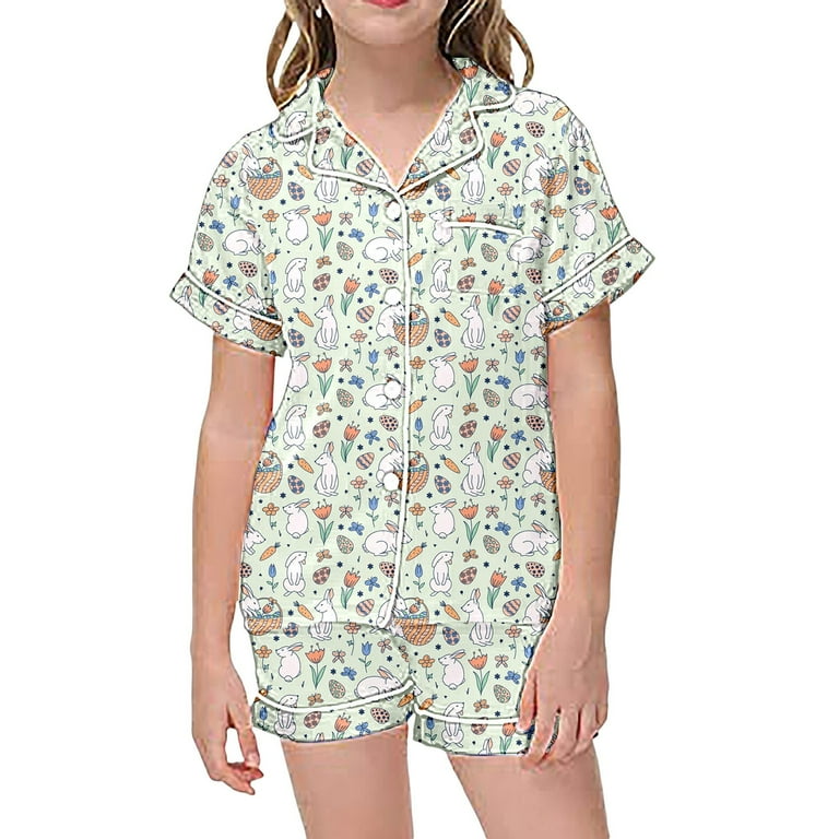 2 Piece Sets Pajamas For Kids Children Graphic Print Short Sleeve Button Shirt Shorts Pajama Set 4 Yr Old Girl Clothes Girls Thanksgiving Outfit Cute Outfits for Young Women Matching Family Pajamas