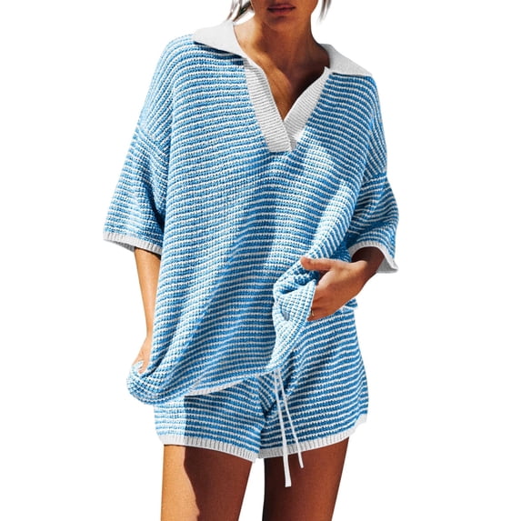 2 Piece Sets Striped Casual V Neck Sleepwear Set Women Loungewear Soft Comfortable Home Outfit